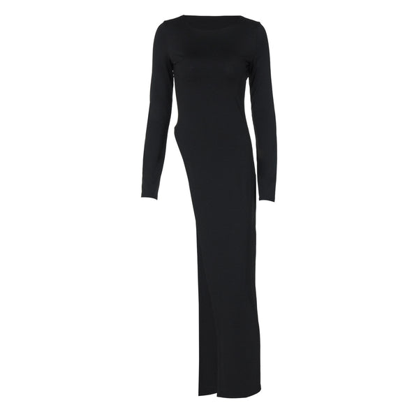 Long sleeve round neck slit solid maxi dress