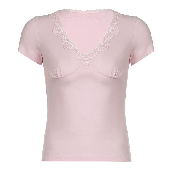 Short sleeve v neck ruched lace hem top