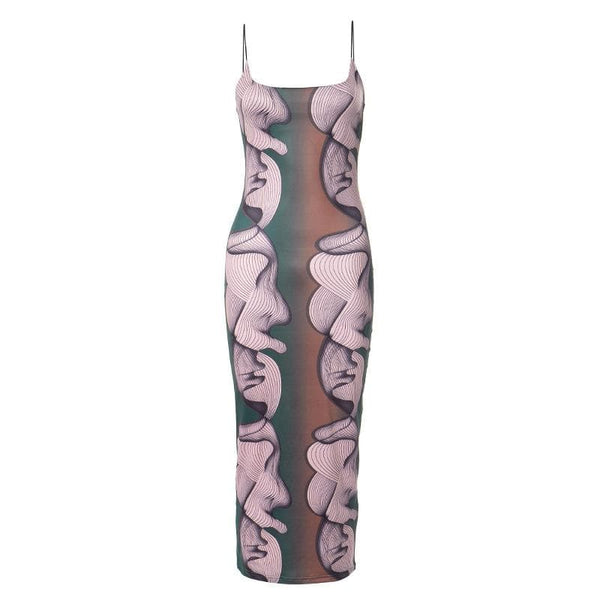 Vestido midi de tirantes en contraste con estampado abstracto y cuello en U