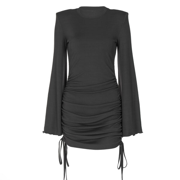 Long flared sleeve crewneck padded drawstring mini dress