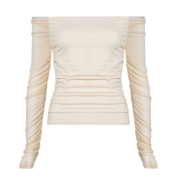 Long sleeve off shoulder mesh ruched top