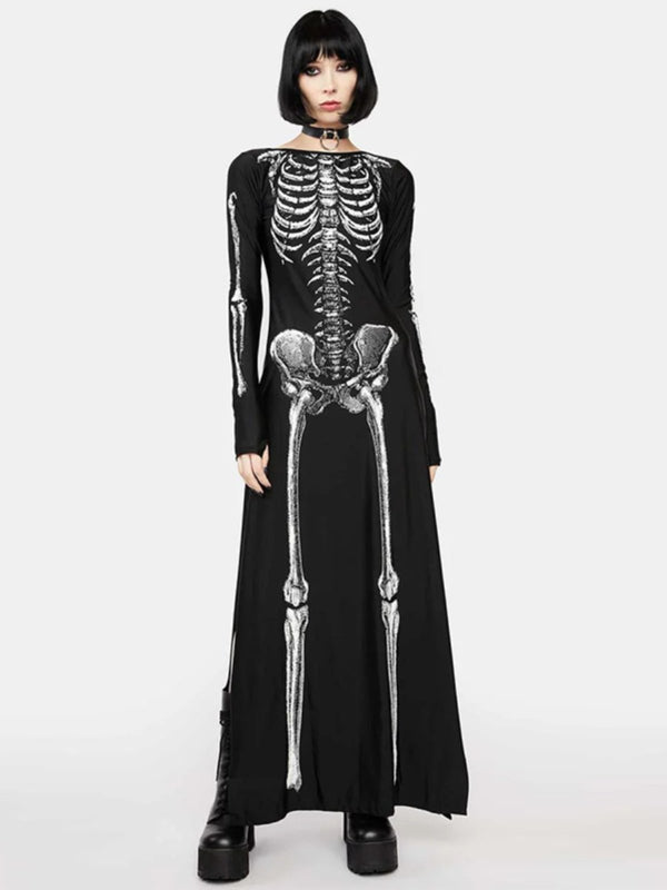 Long sleeve slit human skeleton print maxi dress