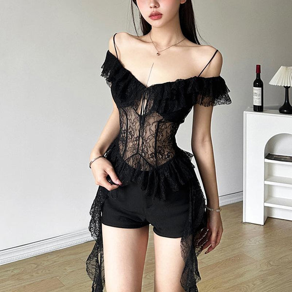 Off shoulder lace ruffle hollow out top