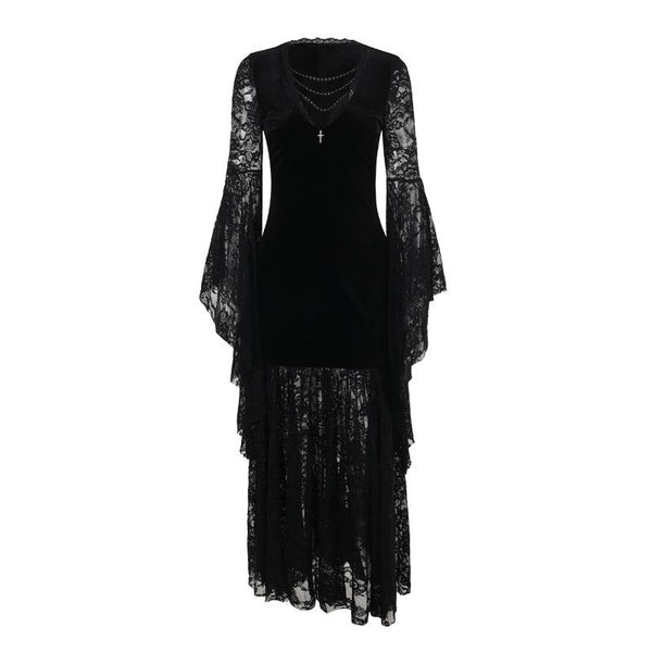 Long flared sleeve lace velvet beaded maxi dress