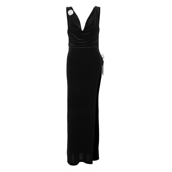 Cowl neck velvet backless slit bowknot applique maxi dress