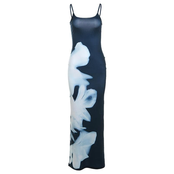 U neck print backless contrast cami maxi dress