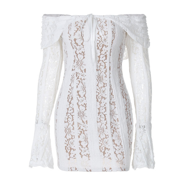 Off shoulder long sleeve lace bowknot mini dress