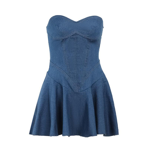 Denim sweetheart neck stitch ruched tube mini dress