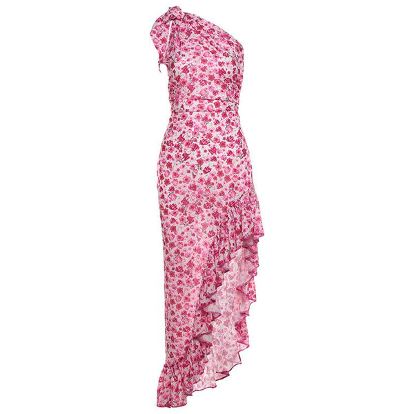 One shoulder knotted slit flower print ruffle maxi dress