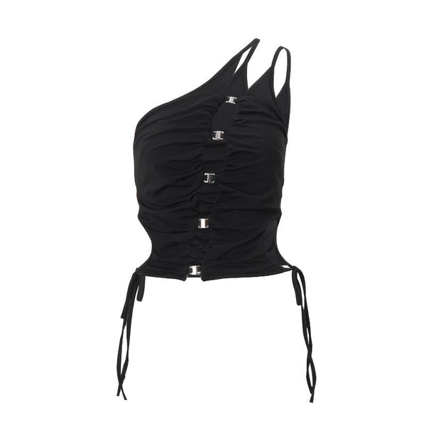 One shoulder hollow out metal buckle self tie crop top