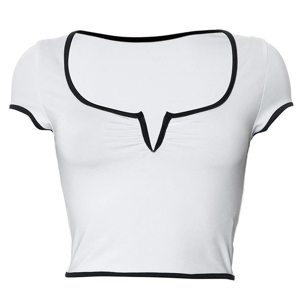 Short sleeve ruched notch neck stitch crop top