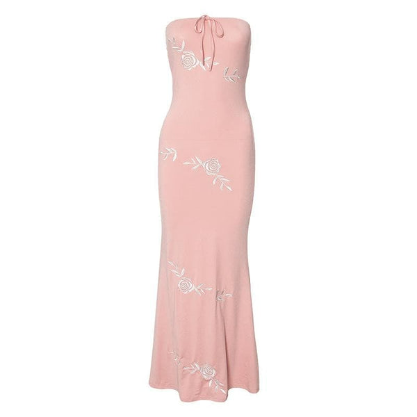 Rose embroidery self tie tube maxi dress