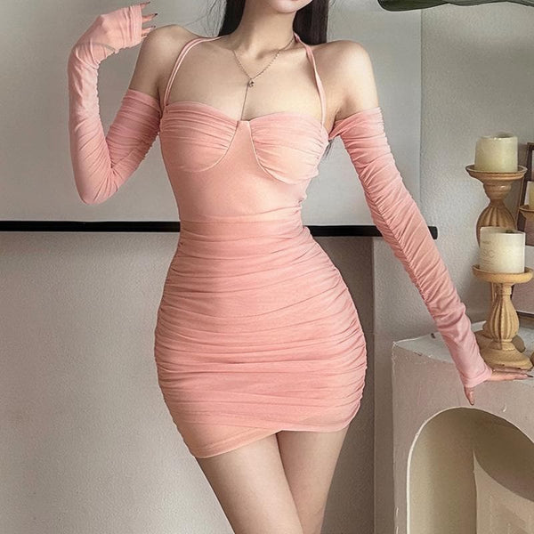 Long sleeve halter off shoulder ruched mini dress