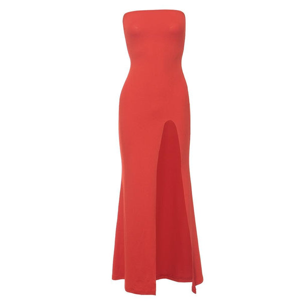 High slit solid backless tube maxi dress