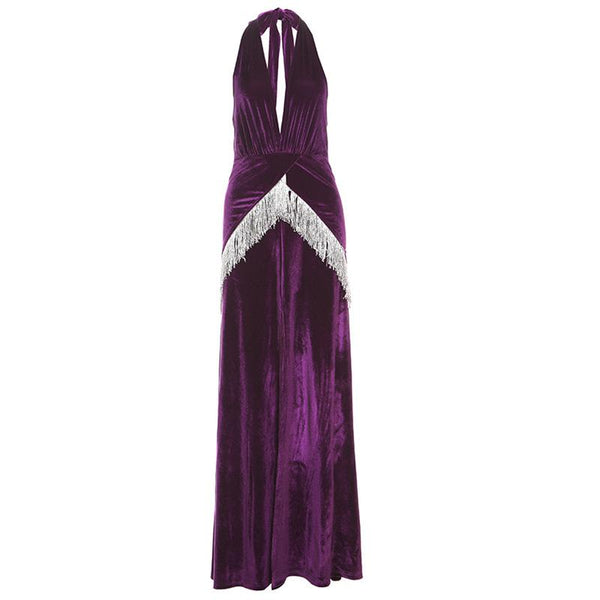 Halter v neck velvet tassels slit backless maxi dress