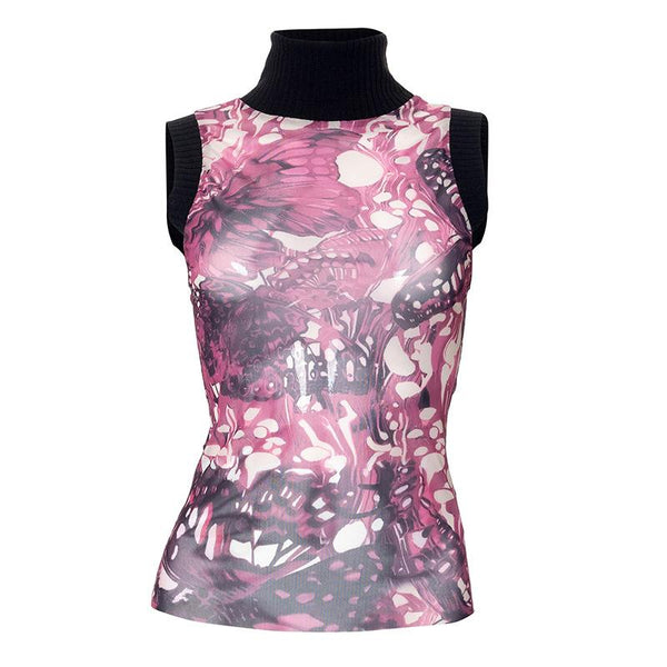 Sleeveless high neck butterfly print mesh top