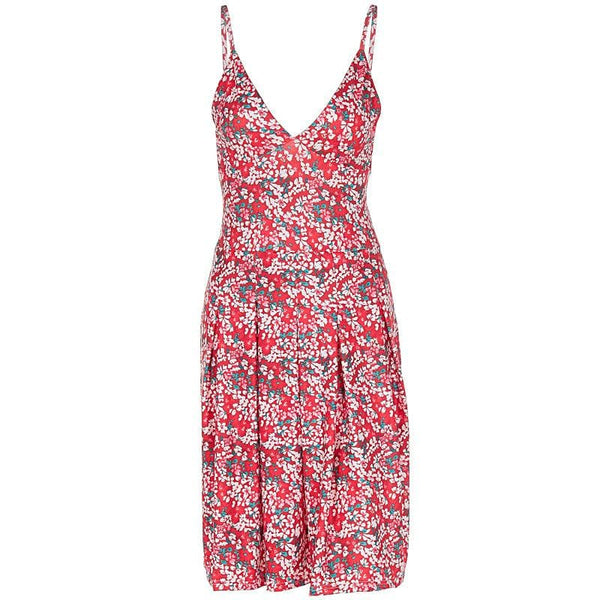 V neck flower print pleated cami mini dress