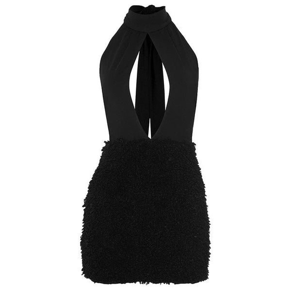 Halter hollow out fluffy ruched self tie cut out mini dress