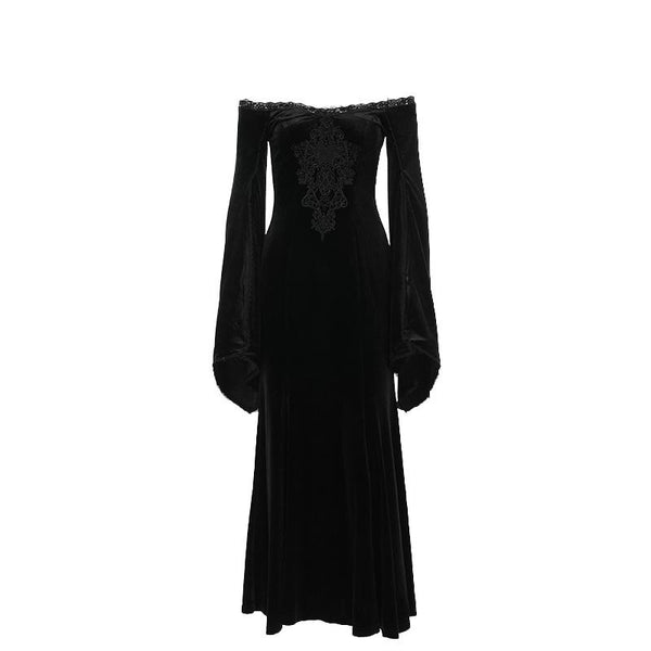 Off shoulder long flared sleeve velvet embroidery maxi dress