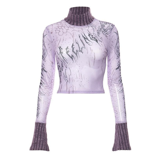 Long flared sleeve high neck see through letter print mesh top