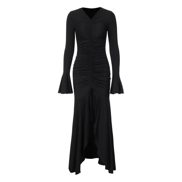 Long flared sleeve v neck ruched maxi dress