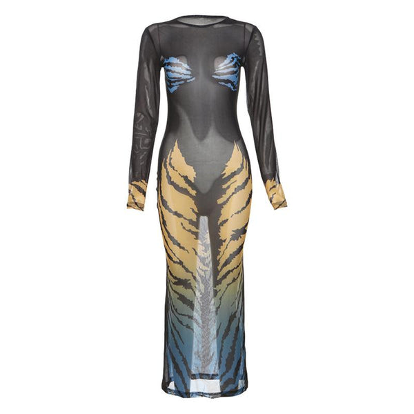 Long sleeve tiger print crewneck sheer mesh midi dress