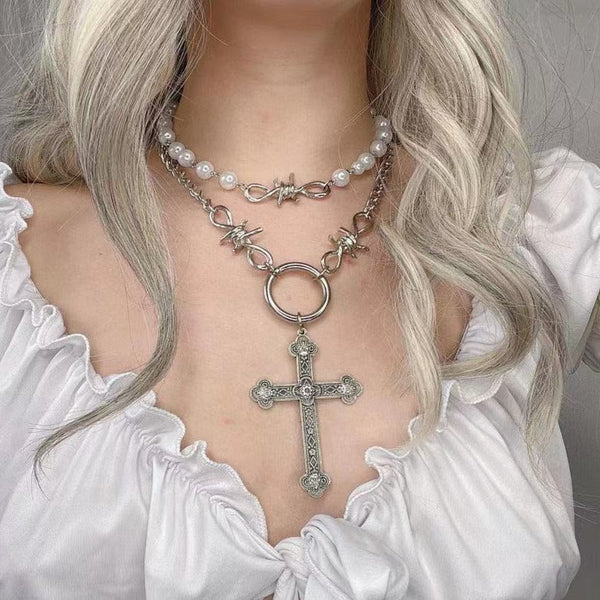 Faux pearl 2 pcs cross pendant choker necklace