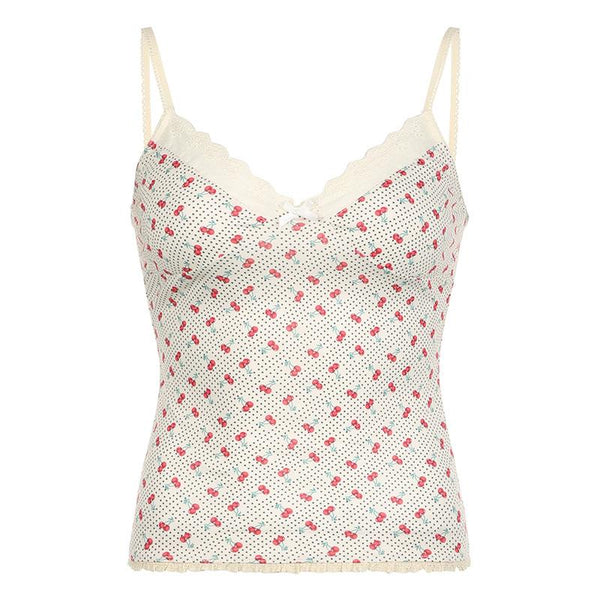 V neck cherry print bowknot lace hem polka dot cami top