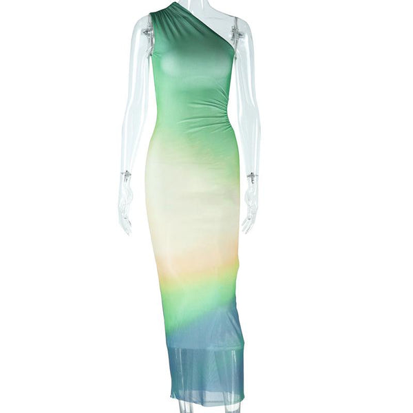 One shoulder gradient hollow out maxi dress