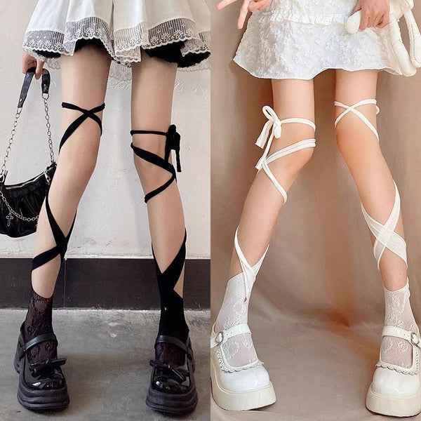 Self tie irregular lace thigh high socks