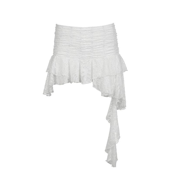 Ruched lace patchwork ruffle irregular mini skirt