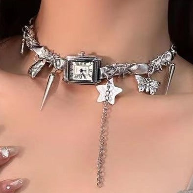 Clock star heart butterfly rivet choker necklace
