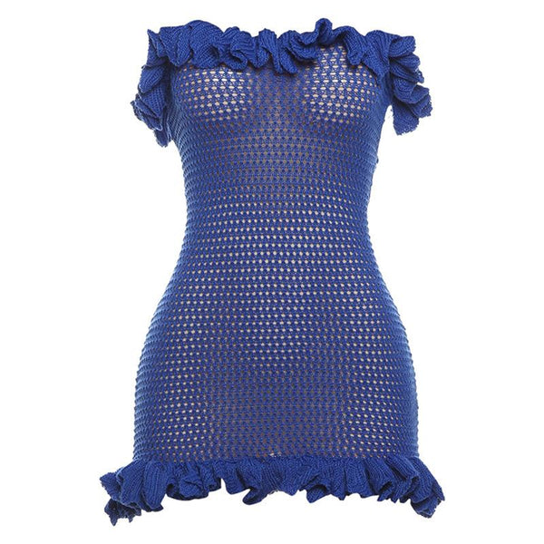 Knitted ruffle see through knotted tube mini dress