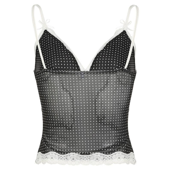 Polka dot lace hem mesh see through cami top