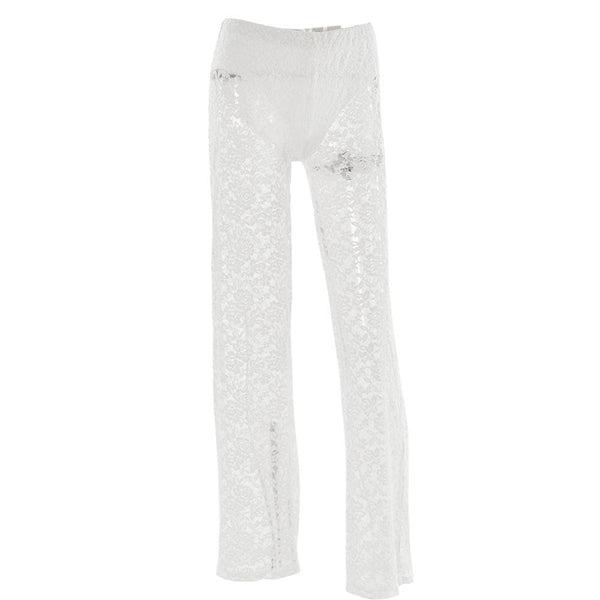 Lace high rise solid patchwork straight leg pant