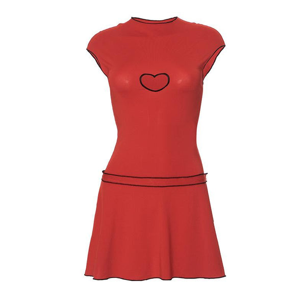 Cap sleeve heart embroidery stitch mini dress