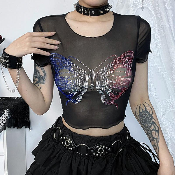 Round neck short sleeve butterfly pattern beaded crop top