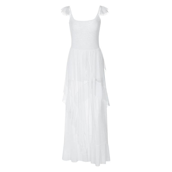 Ruched ruffle square neck sheer mesh cami maxi dress