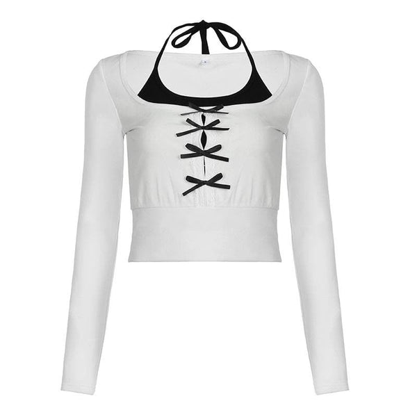 Long sleeve bowknot halter ruched 2 piece top