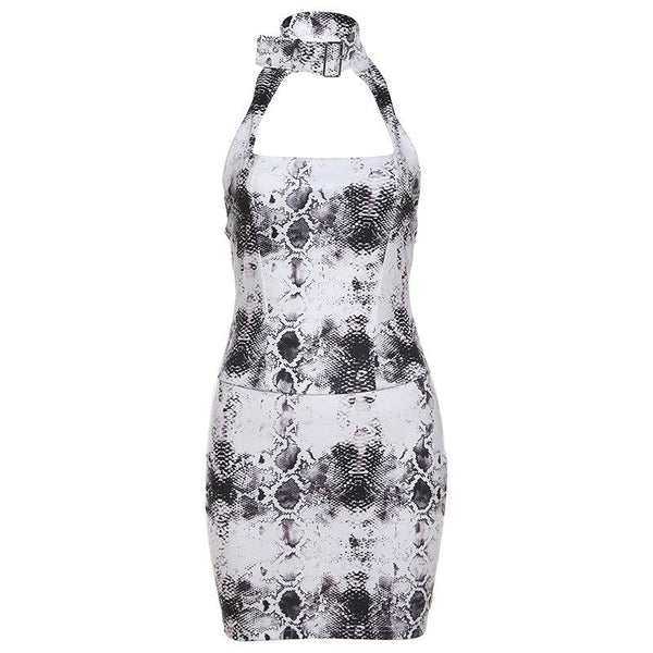 Halter snake print buckle backless mini dress