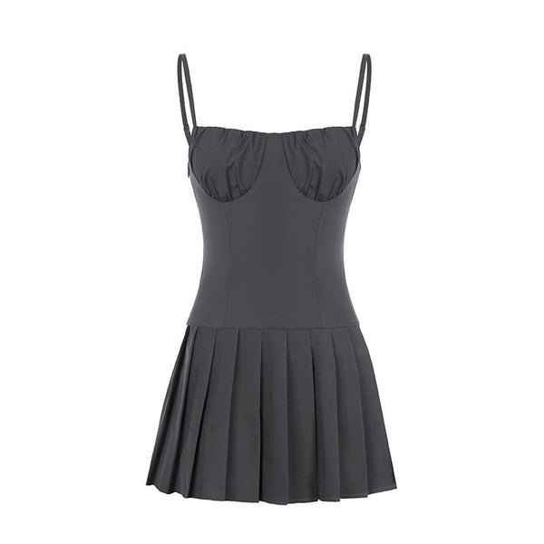 Sweetheart neck ruched pleated zip-up cami mini dress