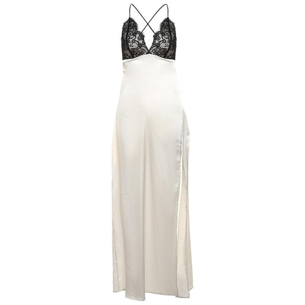 Lace zip-up backless high slit cami maxi dress