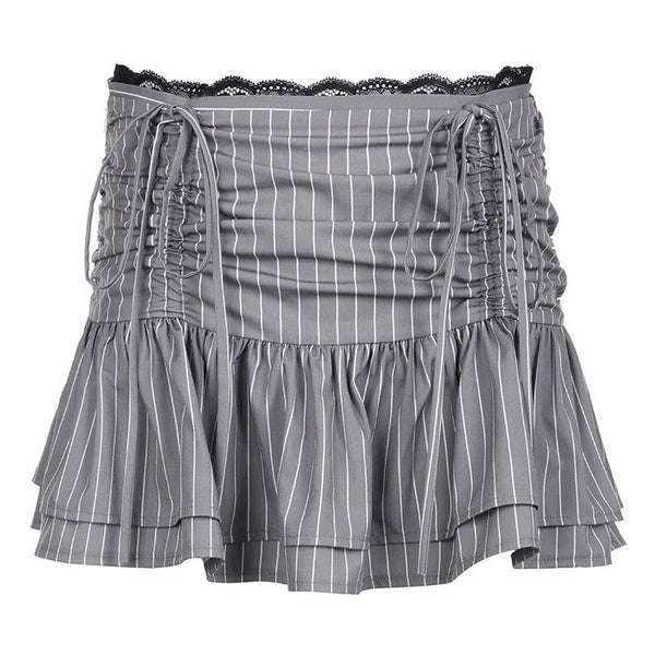 Drawstring ruched lace hem striped mini skirt