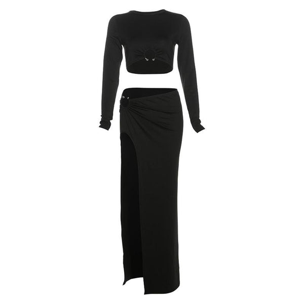 Long sleeve crewneck o ring slit solid maxi skirt set