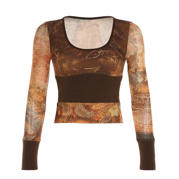 U neck long sleeve knitted mesh patchwork abstract top