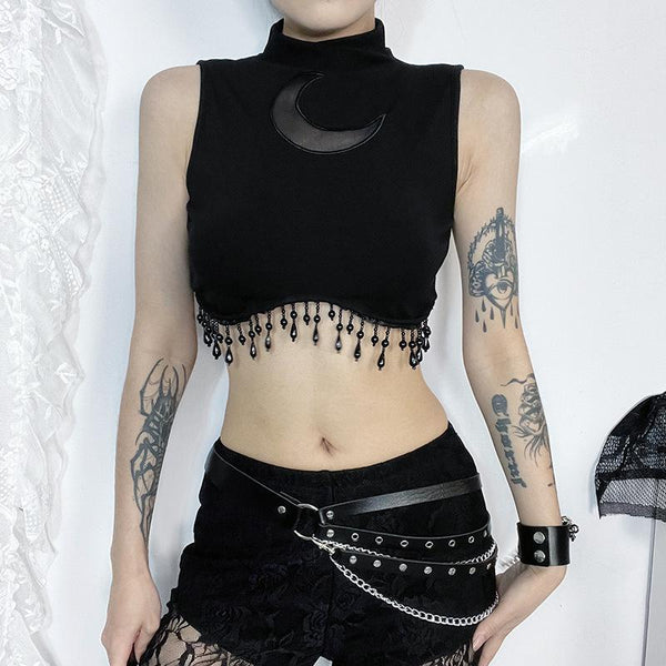 Sleeveless high neck moon pattern beaded crop top