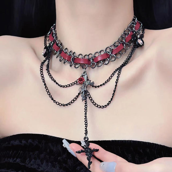 Rose cross PU leather layered choker necklace