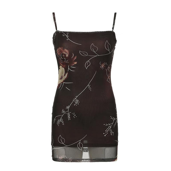 Flower print lace hem mesh cami mini dress