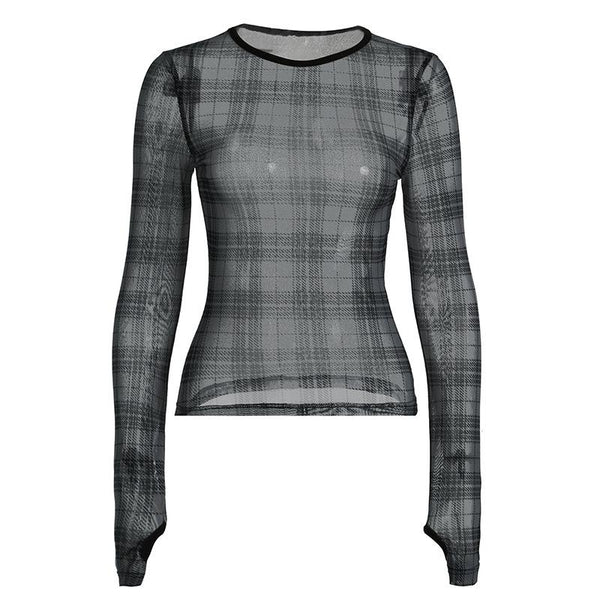 Long sleeve plaid crewneck mesh top