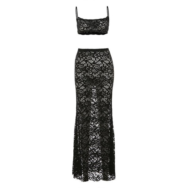 Lace see through u neck backless cami maxi skirt set